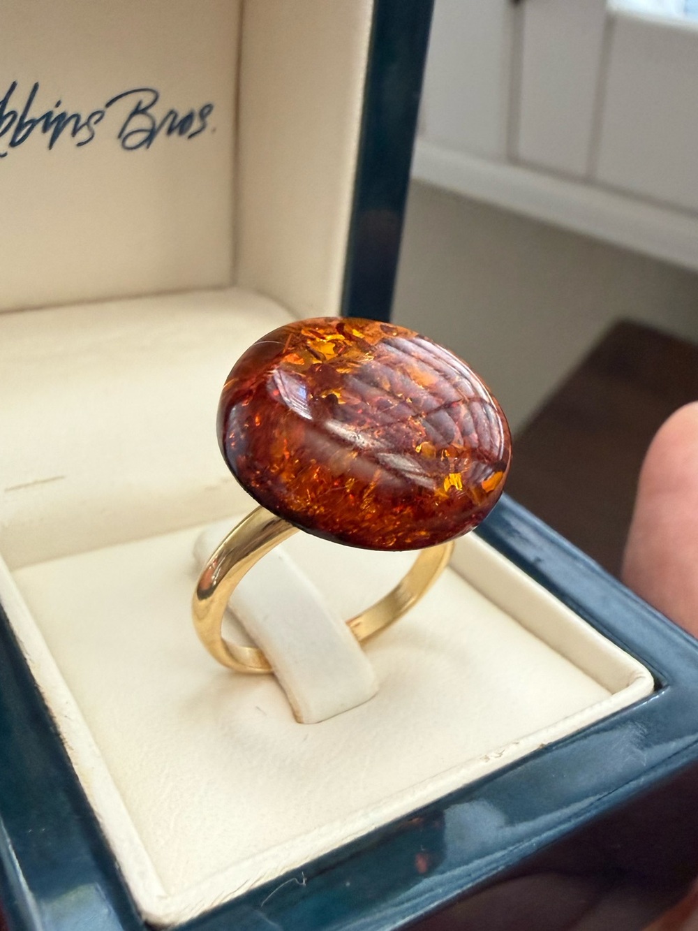 Baltic amber dome cabochon gold tone ring